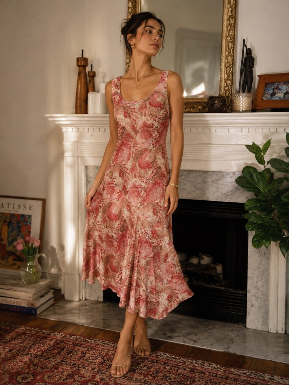 Vintage 90s Pink Midi Dress Paisley Floral Y2K Fairycore Cottagecore Size Small